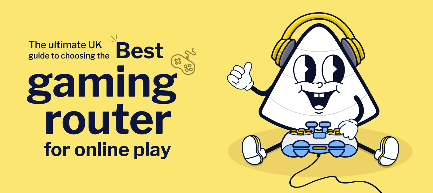 V4 mascot wearing headphones playing video games, promoting top UK gaming routers for smooth online play in 2025.