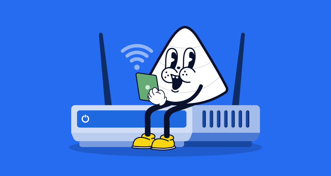 Happy Wi-Fi mascot using phone on a blue router, showing strong signal and smooth connectivity for better internet use.
