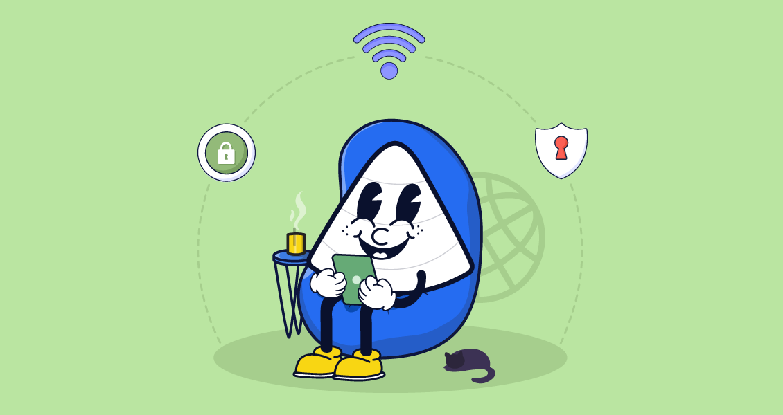 V4 mascot relaxing with secure, reliable broadband on a device, symbolizing privacy and protection at home.